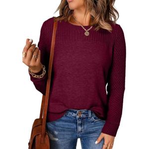 imageEVALESS Womens Sweaters Casual Long Sleeve Crewneck Cable Knit Lightweight Oversized Crochet Sweater Pullover TopsBurgundy