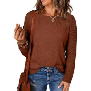 imageEVALESS Womens Sweaters Casual Long Sleeve Crewneck Cable Knit Lightweight Oversized Crochet Sweater Pullover TopsChestnut