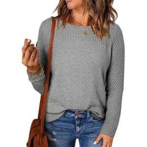 imageEVALESS Womens Sweaters Casual Long Sleeve Crewneck Cable Knit Lightweight Oversized Crochet Sweater Pullover TopsLight Grey