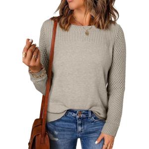 imageEVALESS Womens Sweaters Casual Long Sleeve Crewneck Cable Knit Lightweight Oversized Crochet Sweater Pullover TopsParchment