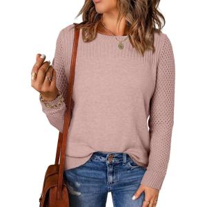 imageEVALESS Womens Sweaters Casual Long Sleeve Crewneck Cable Knit Lightweight Oversized Crochet Sweater Pullover TopsPink