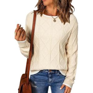 imageEVALESS Womens Sweaters Long Sleeve Crewneck Color Block Pullover Tops 2025 Fall Trendy Cable Knit SweaterBeige