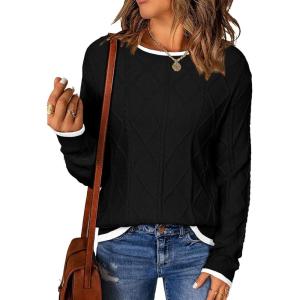 imageEVALESS Womens Sweaters Long Sleeve Crewneck Color Block Pullover Tops 2025 Fall Trendy Cable Knit SweaterBlack