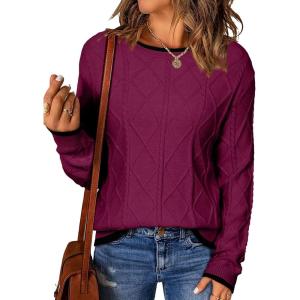 imageEVALESS Womens Sweaters Long Sleeve Crewneck Color Block Pullover Tops 2025 Fall Trendy Cable Knit SweaterBurgundy