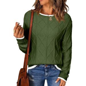 imageEVALESS Womens Sweaters Long Sleeve Crewneck Color Block Pullover Tops 2025 Fall Trendy Cable Knit SweaterGreen