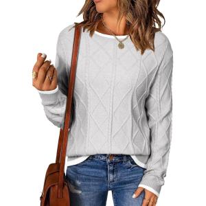 imageEVALESS Womens Sweaters Long Sleeve Crewneck Color Block Pullover Tops 2025 Fall Trendy Cable Knit SweaterGrey