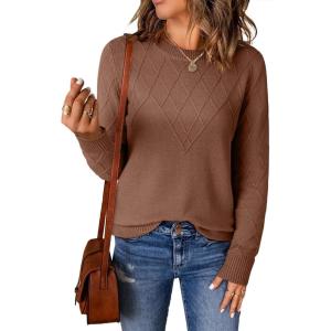 imageEVALESS Womens Sweaters Trendy Casual Crewneck Long Sleeve Cable Knit Lightweight Oversized Fall Sweaters Pullover TopsCoffee