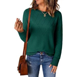 imageEVALESS Womens Sweaters Trendy Casual Crewneck Long Sleeve Cable Knit Lightweight Oversized Fall Sweaters Pullover TopsDark Green