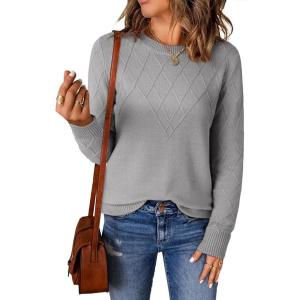 imageEVALESS Womens Sweaters Trendy Casual Crewneck Long Sleeve Cable Knit Lightweight Oversized Fall Sweaters Pullover TopsLight Grey