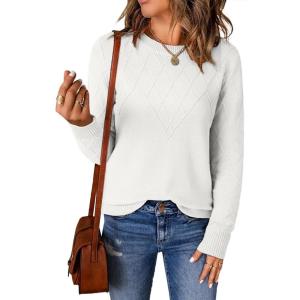 imageEVALESS Womens Sweaters Trendy Casual Crewneck Long Sleeve Cable Knit Lightweight Oversized Fall Sweaters Pullover TopsWhite