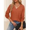imageEVALESS Long Sleeve Sweaters for Women Fashion V Neck Waffle Knit Sweater Tops Fall 2024 Outfits Loose Jumper Pullover1b Orange