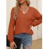 imageEVALESS Long Sleeve Sweaters for Women Fashion V Neck Waffle Knit Sweater Tops Fall 2024 Outfits Loose Jumper Pullover1b Orange