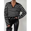 imageEVALESS Sweaters for Women Long Sleeve V Neck Striped Knit Drop Shoulder Fall Jumper 2025 Henley PulloverBlack Stripe