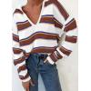 imageEVALESS Sweaters for Women Long Sleeve V Neck Striped Knit Drop Shoulder Fall Jumper 2025 Henley PulloverKhaki Stripe
