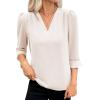 imageEVALESS Womens 34 Sleeve Tops Dressy Casual Pleated V Neck Business Work Blouses Office ShirtsBeige