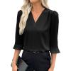 imageEVALESS Womens 34 Sleeve Tops Dressy Casual Pleated V Neck Business Work Blouses Office ShirtsBlack
