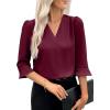 imageEVALESS Womens 34 Sleeve Tops Dressy Casual Pleated V Neck Business Work Blouses Office ShirtsBurgundy