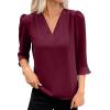 imageEVALESS Womens 34 Sleeve Tops Dressy Casual Pleated V Neck Business Work Blouses Office ShirtsBurgundy