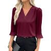 imageEVALESS Womens 34 Sleeve Tops Dressy Casual Pleated V Neck Business Work Blouses Office ShirtsBurgundy