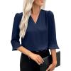 imageEVALESS Womens 34 Sleeve Tops Dressy Casual Pleated V Neck Business Work Blouses Office ShirtsNavy Blue