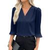 imageEVALESS Womens 34 Sleeve Tops Dressy Casual Pleated V Neck Business Work Blouses Office ShirtsNavy Blue