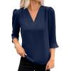 imageEVALESS Womens 34 Sleeve Tops Dressy Casual Pleated V Neck Business Work Blouses Office ShirtsNavy Blue