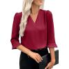 imageEVALESS Womens 34 Sleeve Tops Dressy Casual Pleated V Neck Business Work Blouses Office ShirtsRed Dahlia