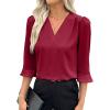 imageEVALESS Womens 34 Sleeve Tops Dressy Casual Pleated V Neck Business Work Blouses Office ShirtsRed Dahlia