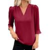 imageEVALESS Womens 34 Sleeve Tops Dressy Casual Pleated V Neck Business Work Blouses Office ShirtsRed Dahlia
