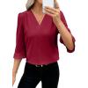 imageEVALESS Womens 34 Sleeve Tops Dressy Casual Pleated V Neck Business Work Blouses Office ShirtsRed Dahlia