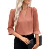 imageEVALESS Womens 34 Sleeve Tops Dressy Casual Pleated V Neck Business Work Blouses Office ShirtsTawny