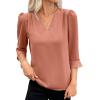 imageEVALESS Womens 34 Sleeve Tops Dressy Casual Pleated V Neck Business Work Blouses Office ShirtsTawny