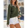 imageEVALESS Womens Cable Long Sleeve Sweaters Tops Color Block Lapel V Neck Knit Casual Soft Pullover ShirtsJungle Green