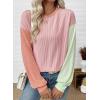 imageEVALESS Womens Long Sleeve Tops Fall Fashion 2025 Crewneck Color Block Ribbed Knit Casual Loose Fit Pullover ShirtsLight Pink