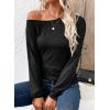 imageEVALESS Womens Off The Shoulder Tops Casual Long Sleeve Asymmetrical Boat Neck Going Out Tops T Shirts Fashion ClothingBlack