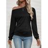 imageEVALESS Womens Off The Shoulder Tops Casual Long Sleeve Asymmetrical Boat Neck Going Out Tops T Shirts Fashion ClothingBlack