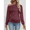 imageEVALESS Womens Off The Shoulder Tops Casual Long Sleeve Asymmetrical Boat Neck Going Out Tops T Shirts Fashion ClothingBurgundy