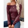 imageEVALESS Womens Off The Shoulder Tops Casual Long Sleeve Asymmetrical Boat Neck Going Out Tops T Shirts Fashion ClothingBurgundy