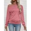 imageEVALESS Womens Off The Shoulder Tops Casual Long Sleeve Asymmetrical Boat Neck Going Out Tops T Shirts Fashion ClothingPink