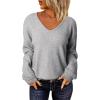 imageEVALESS Long Sleeve Sweaters for Women Fashion V Neck Waffle Knit Sweater Tops Fall 2024 Outfits Loose Jumper PulloverB Gray