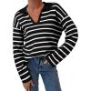 imageEVALESS Sweaters for Women Long Sleeve V Neck Striped Knit Drop Shoulder Fall Jumper 2025 Henley PulloverBlack Stripe