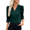 imageEVALESS Womens 34 Sleeve Tops Dressy Casual Pleated V Neck Business Work Blouses Office ShirtsBlackish Green