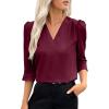 imageEVALESS Womens 34 Sleeve Tops Dressy Casual Pleated V Neck Business Work Blouses Office ShirtsBurgundy