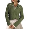 imageEVALESS Womens Cable Long Sleeve Sweaters Tops Color Block Lapel V Neck Knit Casual Soft Pullover ShirtsJungle Green