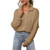 imageEVALESS Womens Oversized Knit Chunky Fall Sweater Tops 2024 V Neck Long Sleeve Lapel Collar Button Pullover OutfitsKhaki