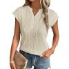 imageEVALESS Womens Summer Short Sleeve Textured Tops Trendy V Neck Cap Sleeve Solid Loose Dressy Casual Basic T Shirts BlousesBeige