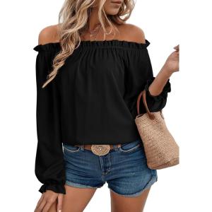 imageEVALESS Country Concert Outfits Off The Shoulder Tops for Women Cute Puff Sleeve T Shirts Womens Fashion Clothing 2025Black