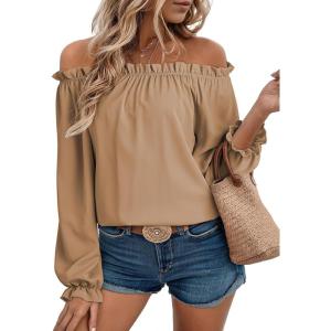 imageEVALESS Country Concert Outfits Off The Shoulder Tops for Women Cute Puff Sleeve T Shirts Womens Fashion Clothing 2025Khaki