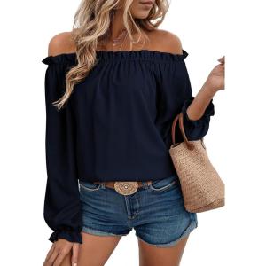 imageEVALESS Country Concert Outfits Off The Shoulder Tops for Women Cute Puff Sleeve T Shirts Womens Fashion Clothing 2025Navy Blue
