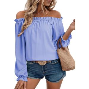 imageEVALESS Country Concert Outfits Off The Shoulder Tops for Women Cute Puff Sleeve T Shirts Womens Fashion Clothing 2025Sky Blue